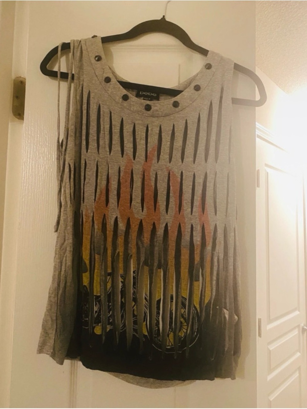 bebe Gray Sleeveless Fringe Tank with Flame Graphic